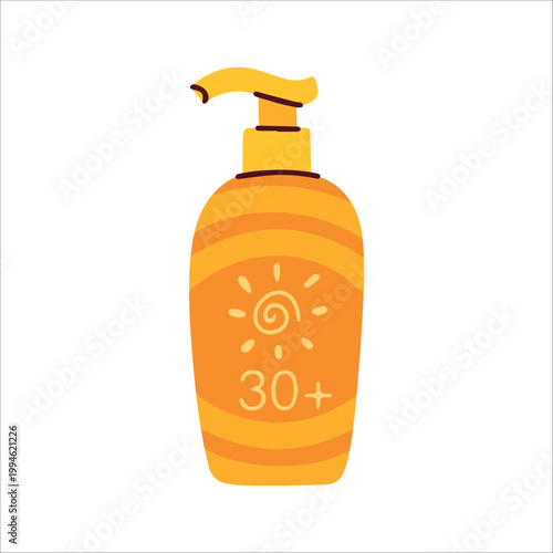 Orange sunscreen pump dispenser with SPF 30+ for high-level protection. Supports skin health and beauty by blocking harmful ultraviolet rays on sunny days.