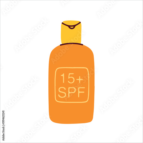 Orange sunscreen bottle with SPF 15+ for moderate sun protection. Essential for beach vacation and dermatological health to prevent solar burns and maintain skin quality.