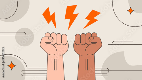 Two raised fists one light and one dark skinned are shown with orange lightning bolts above them symbolizing power and solidarity high quality professional detailed modern