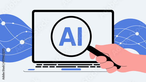An illustration depicts a hand using a magnifying glass to examine the letters ai displayed on a computer screen high quality professional detailed modern elegant stylish