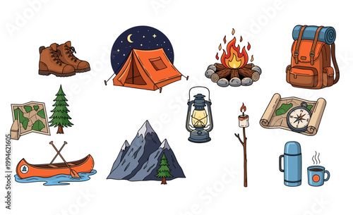 Camping Essentials: A charming illustration capturing the core elements of camping adventures, evoking a sense of outdoor exploration and adventure.