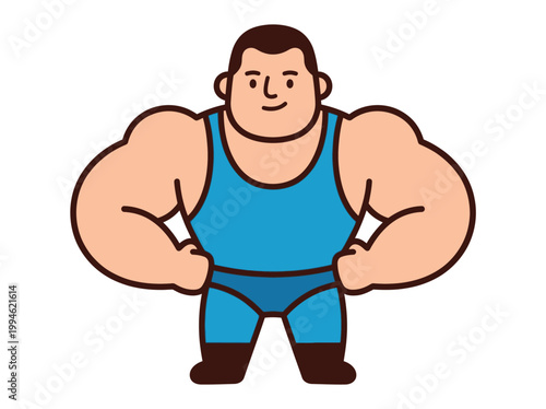 Strong Wrestler in blue singlet standing with hands on hips