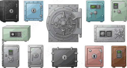 Secure Safe Vault Collection with Steel Lockers, Bank Safes, Combination Locks, and Security Storage Boxes for Protection, Finance, and Safety Illustration Set