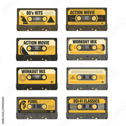 Retro Cassette Tapes Collection: 80s Hits, Action Movie, Workout Mix, Sci-Fi