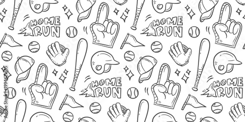 Baseball doodle background. Baseball equipment pattern background. Cute baseball seamless pattern for kids. Softball Sport hand drawn seamless pattern with bat, helmet, cap, glove, ball, medal.