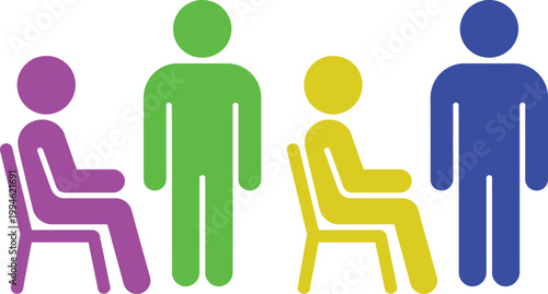 Four stylized figures in a simple waiting or consultation scene