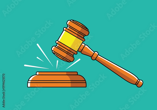 Wooden judge gavel hitting sound block on a teal background, vector illustration of a court hammer for legal, justice and law concept