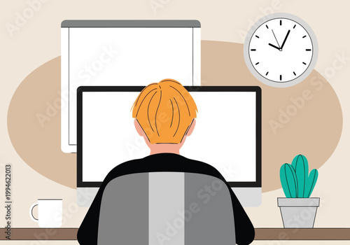 Back view of a person working on a computer at a desk in a home office, flat vector illustration