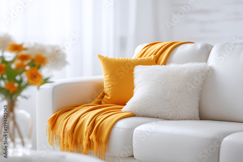White Sofa with Yellow Blanket and Pillows in a Cozy Living Room