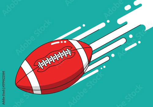 Vector illustration of a red american football flying through the air with motion speed lines on a teal background