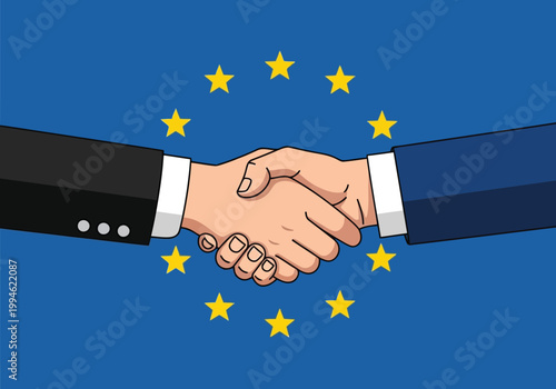 Closeup of a handshake between two business people against the background of the european union flag