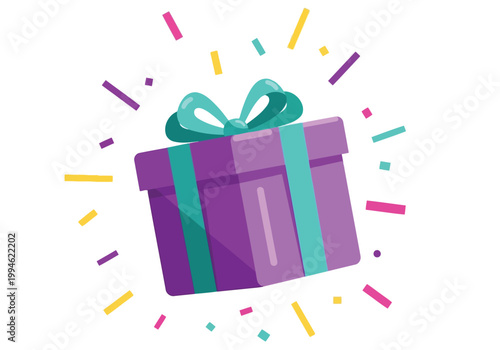 Purple gift box with turquoise ribbon and bow surrounded by colorful confetti