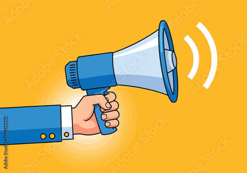 Hand holding a blue megaphone, vector illustration of a person making an announcement or broadcasting a message on a yellow background