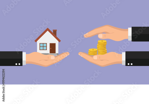 Real estate transaction concept, hands holding a house and a stack of gold coins, property investment and financial mortgage concept