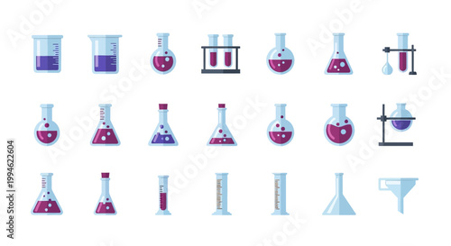 Illustration of chemical laboratory glassware with purple liquids isolated on white background