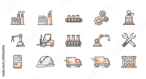 Industrial and Manufacturing Icons Representing Processes, Automation, and Production Concepts