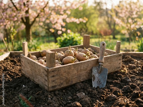Seed potatoes in wooden box ready for planting in garden soil