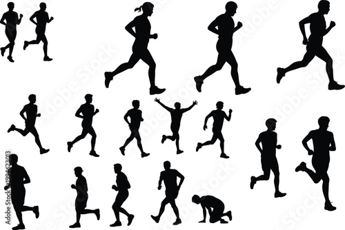 Running silhouettes collection of athletes in motion, jogging sprint marathon fitness exercise training sport dynamic vector illustration design