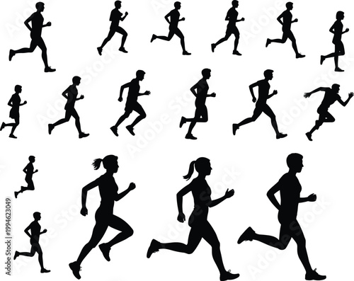 Running silhouettes of male female athletes in motion, jogging sprint marathon fitness exercise training sport dynamic vector illustration design