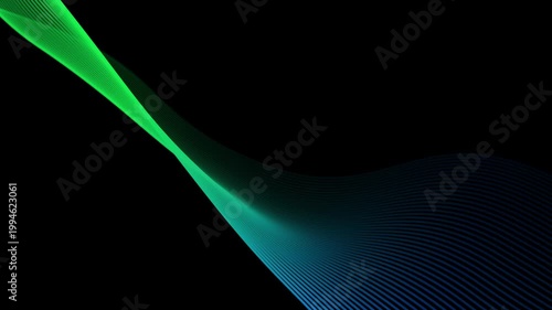 Flowing green blue abstract wave lines on black background, motion