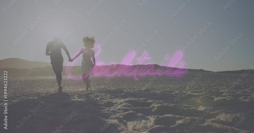 Naklejka premium Running couple holding hands dashing across beach sand, wearing dress and T-shirt, neon Cocktails