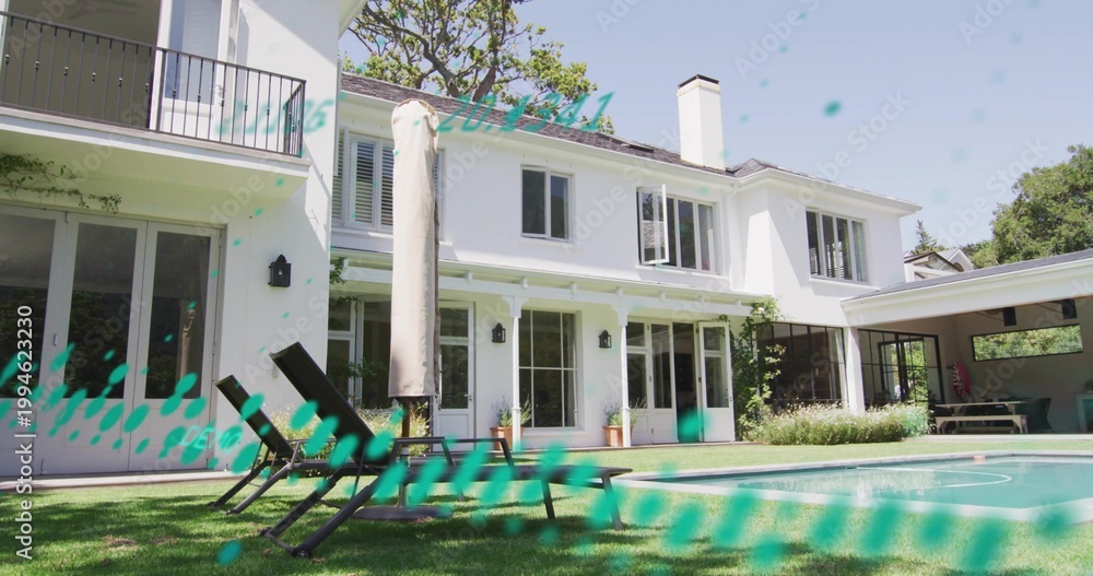 Fototapeta premium Showing two-story white house and pool in backyard, featuring four black chairs and teal streaks