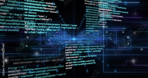 Pulsing central nexus sending converging neon-blue grid lines and code streams in cyberspace