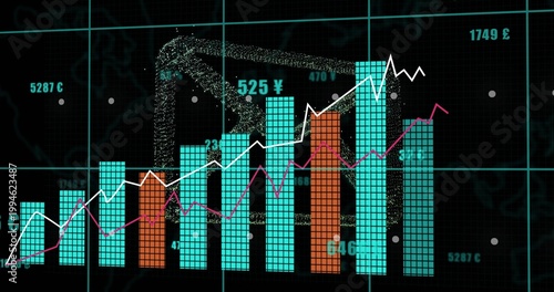 Displaying tiled bar chart on digital screen, showing white and magenta trend lines and teal grid