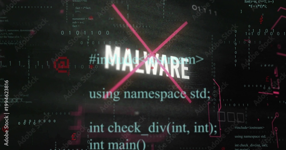 Naklejka premium Displaying bold MALWARE text being crossed by magenta X on digital screen, with binary C++ code