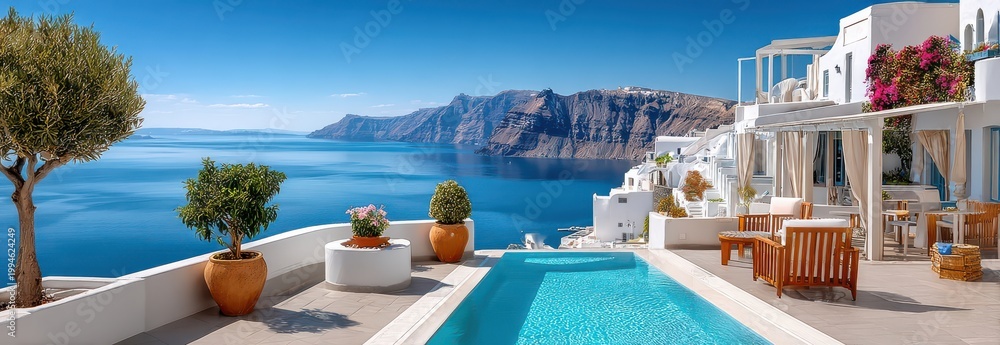 Fototapeta premium Luxury Santorini terrace with private pool, white buildings and panoramic caldera sea view