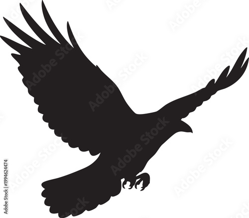 Silhouette of a sleek black crow in mid flight against a white background bird silhouette
