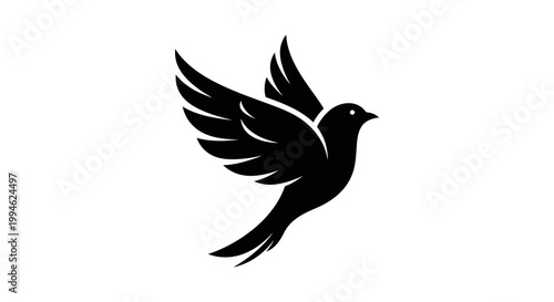 Black silhouette of a bird in flight, simple design, isolated on white background