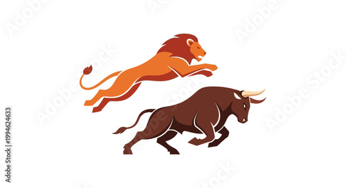 Lion and Bull Fighting, Symbolic Competition, Power Struggle, Business Concept