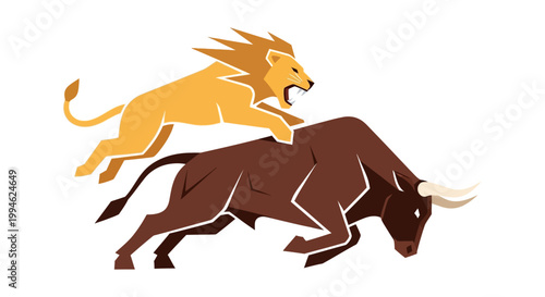 Lion attacks bull, concept of market volatility, financial struggle, animal fight, business competition