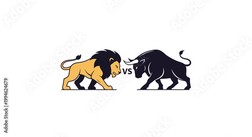 Lion vs Bull Confrontation: Animal Power Struggle, Strength, Competition, Versus Symbol