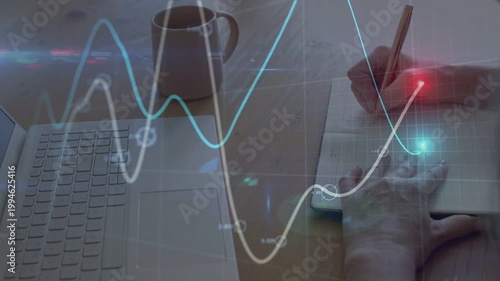 Hands entering, writing in notebook while data lines flowing, aligning pen and visualizing insights