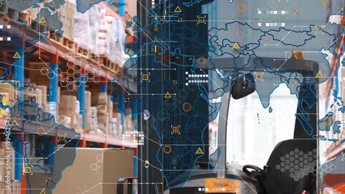 Map overlay appearing icons adding frame zooming and revealing forklift and pallet showing network