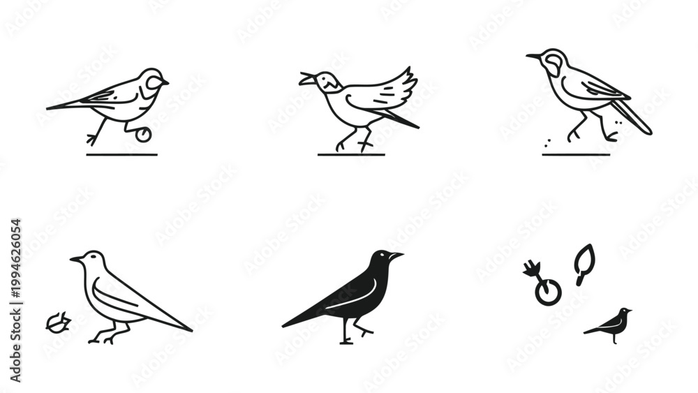 Fototapeta premium Artistic Avian Ensemble: A collection of simple and stylized bird illustrations, each conveying a different pose and movement, capturing the essence of avian life in a clean, minimalist style.