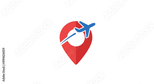 Travel destination logo featuring a plane soaring above a location pin for exploration