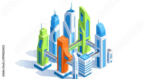Isometric illustration of a futuristic cityscape with modern architectural designs