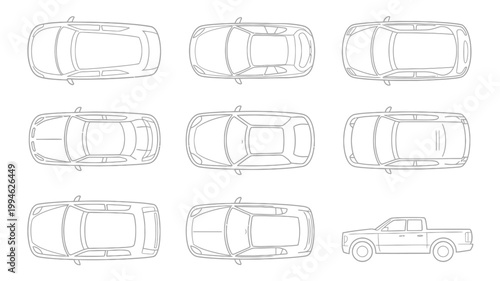 A schematic top down view displays nine vehicle outlines including various car models and a pickup truck rendered in simple line art high quality professional detailed