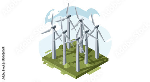 Isometric illustration of wind turbines on a green field representing sustainable energy