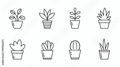 A collection of minimalist line art illustrations depicts eight potted plants including succulents and leafy greens arranged in a grid format high quality professional detailed modern