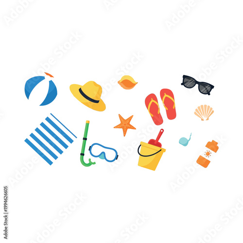 Beach vacation accessories float in mid-air on a white background with a starfish.