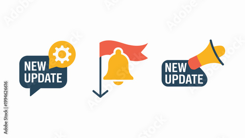 A colorful graphic displays notification icons including a speech bubble flag and megaphone all indicating a new update is available high quality professional detailed modern elegant