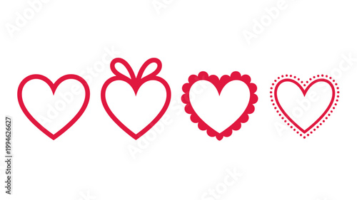 A series of four red heart shapes are displayed each with a distinct design and outline style conveying themes of love and affection high quality professional