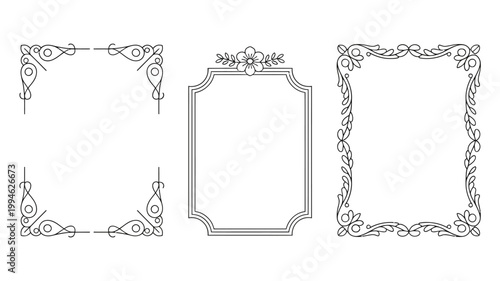 A collection of ornate black and white decorative frames and corner elements are displayed on a plain white background high quality professional detailed modern elegant stylish