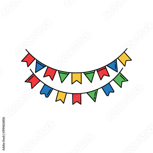 Colorful triangular flags hang on a string for a festive outdoor celebration event