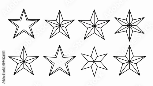 A minimalist composition showcasing eight distinct black and white stars each with varying numbers of points and internal line patterns high quality professional detailed modern elegant