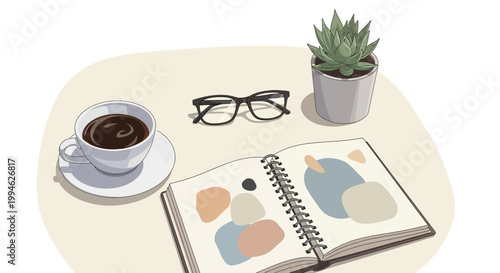 Minimalistic artistic workspace with coffee, glasses, succulent, and a sketchpad ready to inspire
